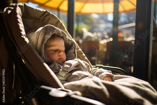 Adorable baby boy sleeping in a stroller in cafe or restaurant on sunny day. Going out with small children. photo