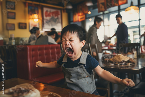 Toddler having a temper tantrum in a restaurant or cafe. Sad child screaming in anger in public. Kid misbehaving crying loudly.