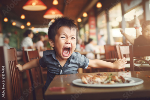 Toddler having a temper tantrum in a restaurant or cafe. Sad child screaming in anger in public. Kid misbehaving crying loudly.