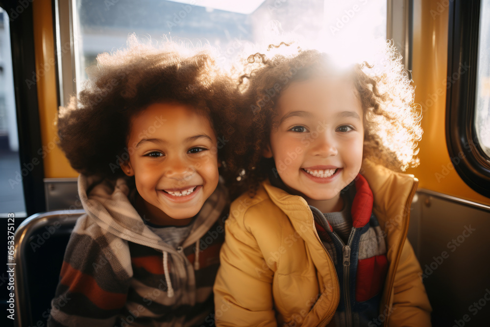 Fototapeta premium Two cheerful interracial elementary school children in yellow school bus on sunny morning. Getting to school safely.