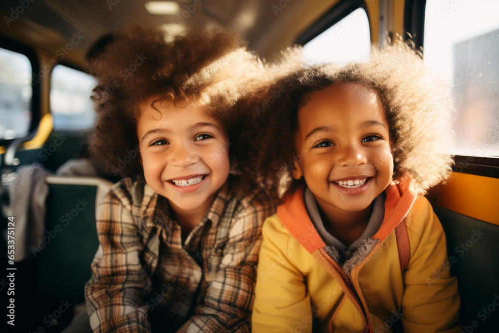 Fototapeta premium Two cheerful interracial elementary school children in yellow school bus on sunny morning. Getting to school safely.