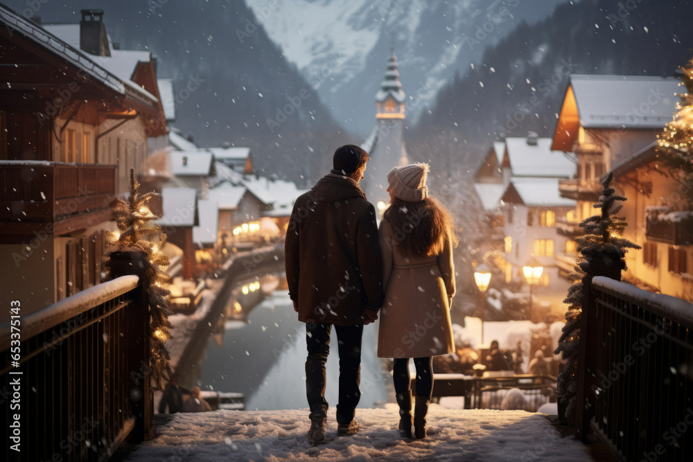 Beautiful traveler couple with backpacks exploring small Austrian town at winter. Man and woman having a good time travelling to Europe on sunny winter day.