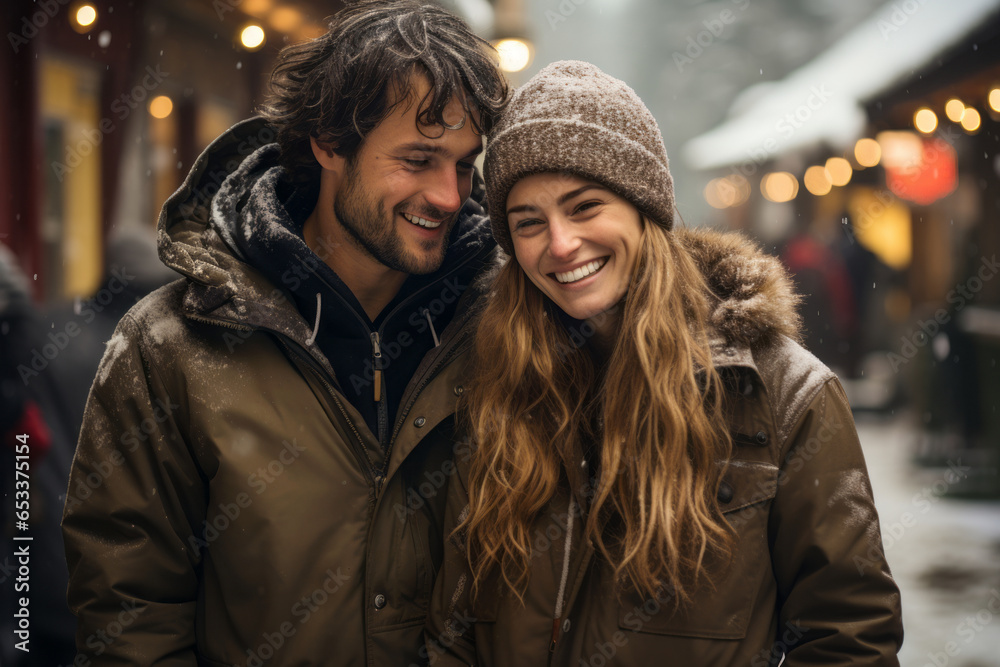 Beautiful traveler couple with backpacks exploring small Austrian town at winter. Man and woman having a good time travelling to Europe on sunny winter day. Beautiful traveler couple with backpacks exploring small Austrian town at winter. Man and woman having a good time travelling to Europe on sunny winter day.
