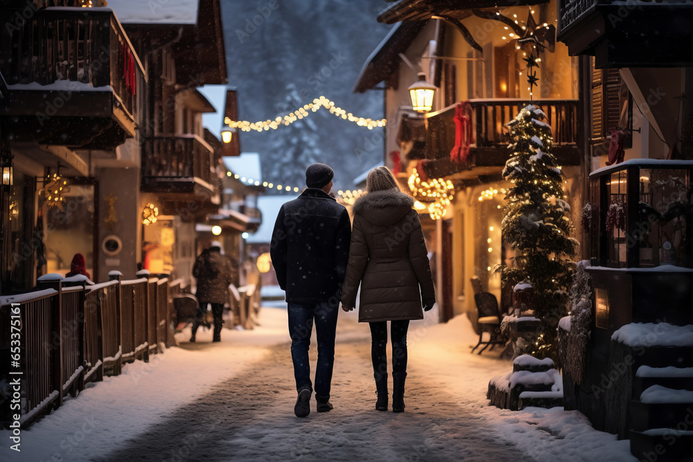 Beautiful traveler couple with backpacks exploring small Austrian town at winter. Man and woman having a good time travelling to Europe on sunny winter day.