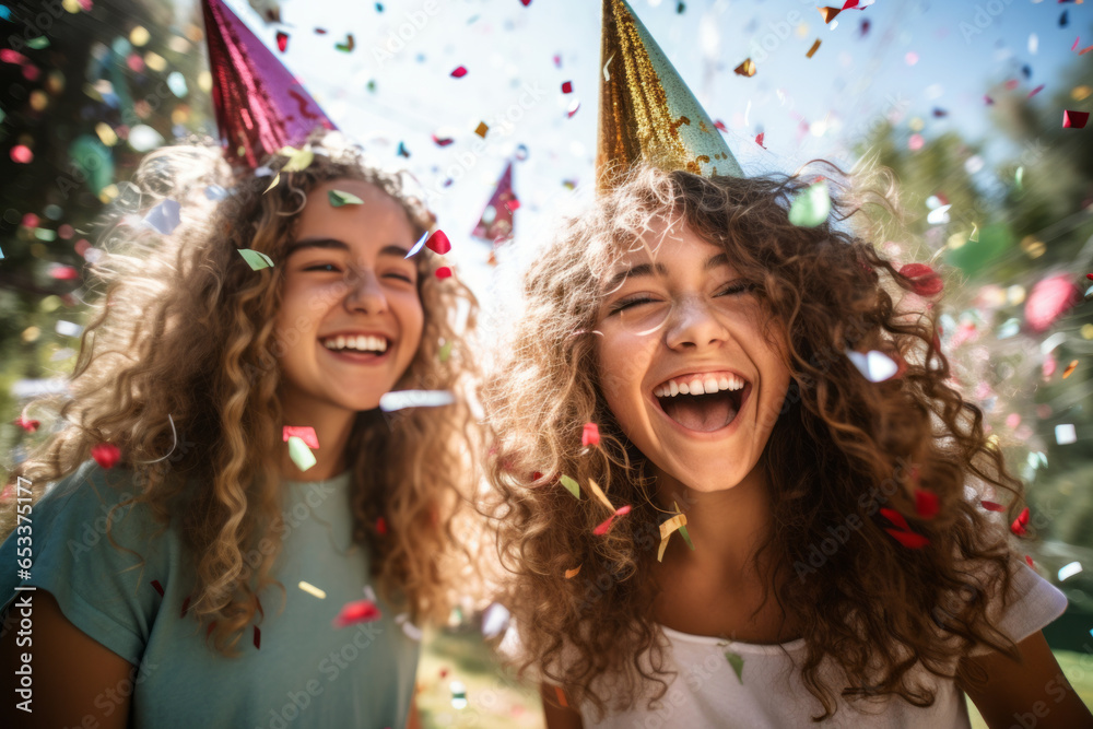 Two cheerful teenage friends wearing paper hats celebrating birthday outdoors with colorful confetti and balloons. Teen birthday party in a backyard. Two cheerful teenage friends wearing paper hats celebrating birthday outdoors with colorful confetti and balloons. Teen birthday party in a backyard.