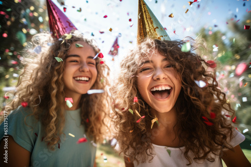 Two cheerful teenage friends wearing paper hats celebrating birthday outdoors with colorful confetti and balloons. Teen birthday party in a backyard.