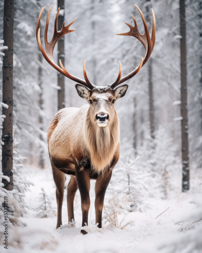 Single noble male deer with large beautiful horns stands against background of winter snowy landscape.  © Balica