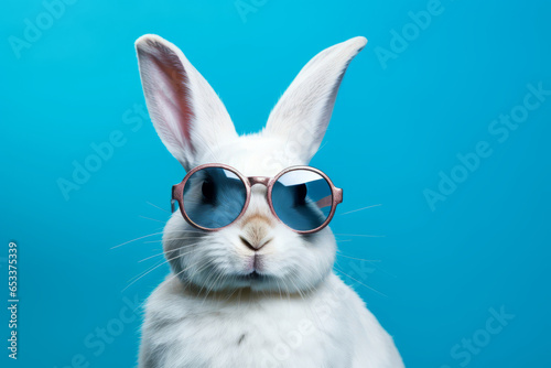 White rabbit wearing blue sunglasses on blue background.