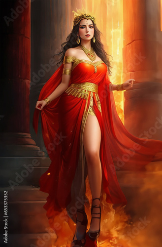 A beautiful ancient Greek woman in red dress