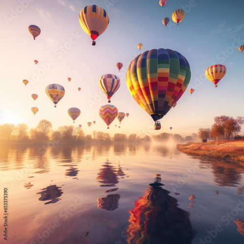 colorful hot air balloons floating at sunrise Background