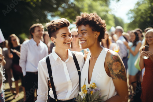 Happy cheerful lesbian brides hugging on their wedding day. Female gay couple surrounded with flowers. Homosexuality, same-sex marriage and love concept.
