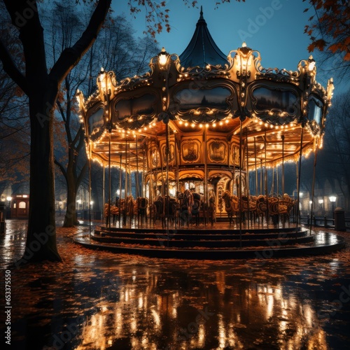 A merry-go-round ride with a classic atmosphere, artistic lighting and a mountain backdrop, great for children's play rides, blogs, websites, etc. Generative Ai Image