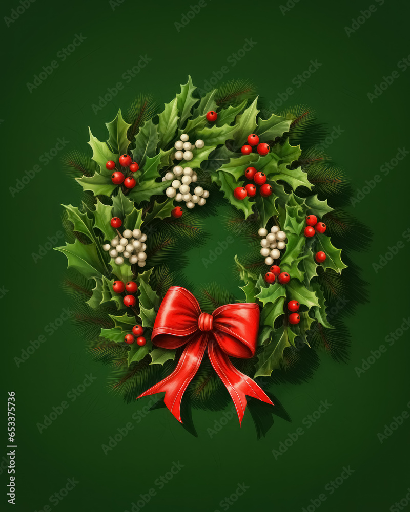 Round Christmas wreath made of fir branches with red holly berries, leaves and bow isolated on green background. Round Christmas wreath made of fir branches with red holly berries, leaves and bow isolated on green background.