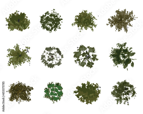 vector top view of trees and bushes vector illustrations set. landscape elements for garden, park or forest, plants 