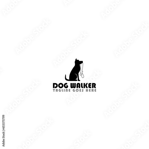Dog walker logo template with sitting dog silhouette isolated on white background