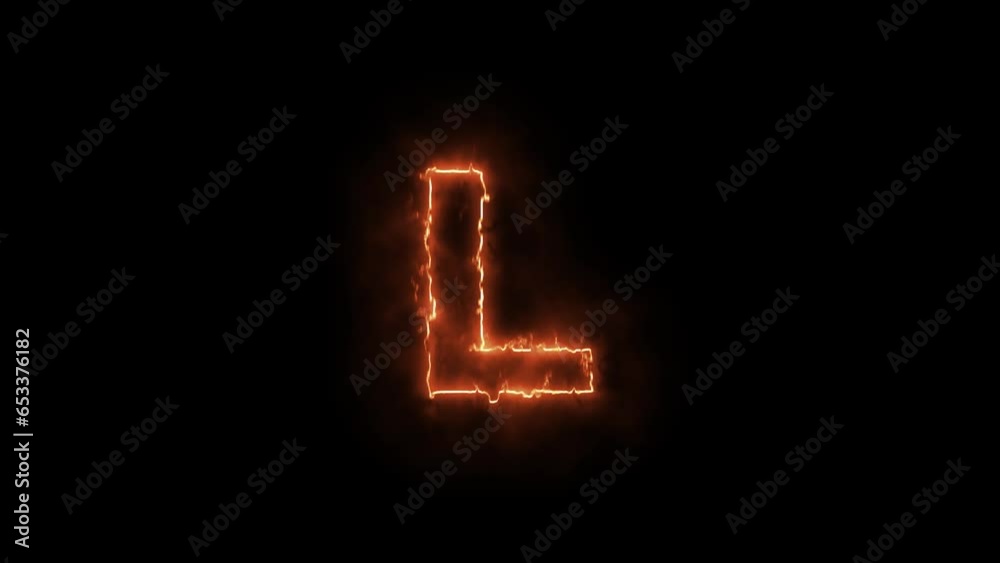 Fire alphabet letters L isolated, outline fire and glowing on black background Fire alphabet letters L isolated, outline fire and glowing on black background