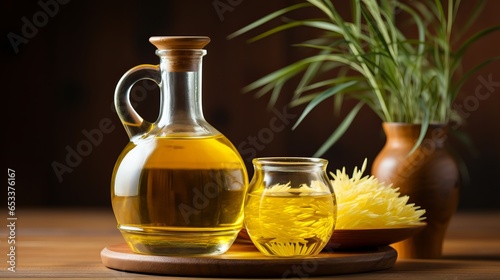 Vegetable oil in a glass bottle, rice oil is used for frying meat and seafood, and stewing vegetables. Salad preparation fat. Healthy salad dressing. Rice germ oil,