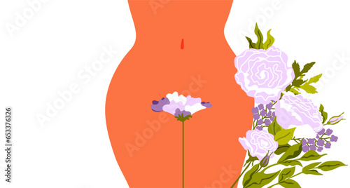 Women's health. Female hips. Bikini line. Abstract flowers. The topic of female intimate depilation and hygiene. Vector illustration. Place for text