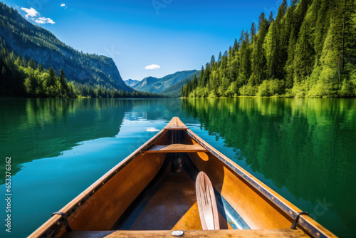 A sleek canoe glides through the calm waters of a serene lake
