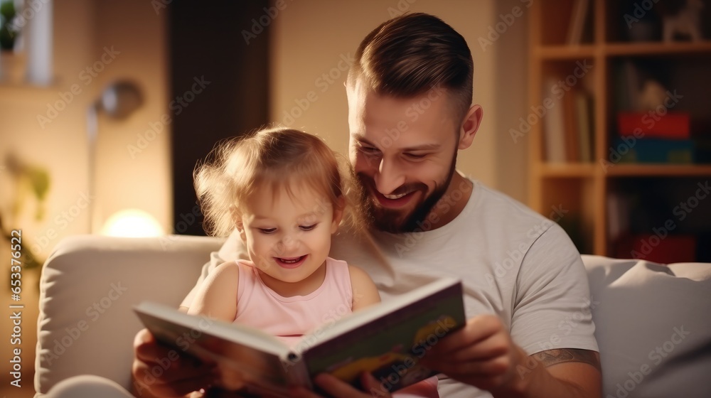 Happy father relax and read book with baby time together at home. parent sit on sofa with daughter and reading a story. learn development, childcare, laughing, education, storytelling, practice. Happy father relax and read book with baby time together at home. parent sit on sofa with daughter and reading a story. learn development, childcare, laughing, education, storytelling, practice.