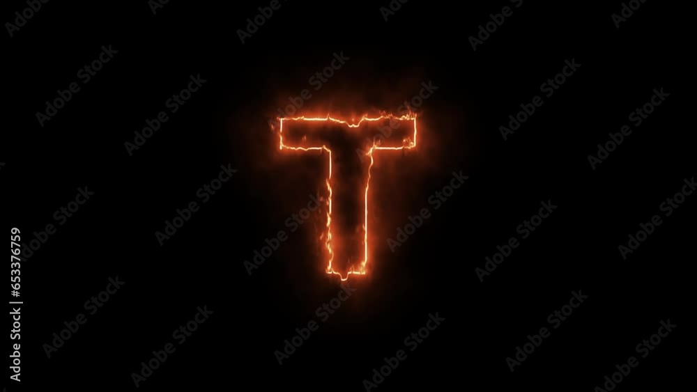 Fire alphabet letters T isolated, outline fire and glowing on black background Fire alphabet letters T isolated, outline fire and glowing on black background