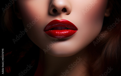 Close-up of the portrait attractive beautiful woman glossy red lips.