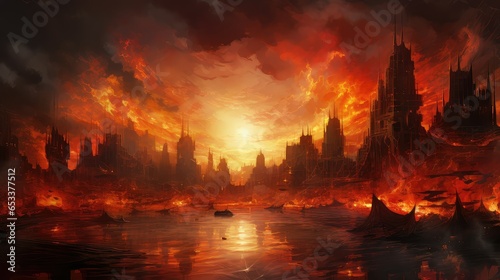 war destroyed city fire illustration destroy background, red explosion, danger apocalypse war destroyed city fire