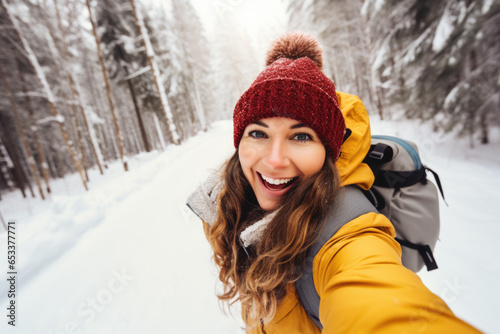 Happy woman hiker taking a selfie photo on a snowy mountain