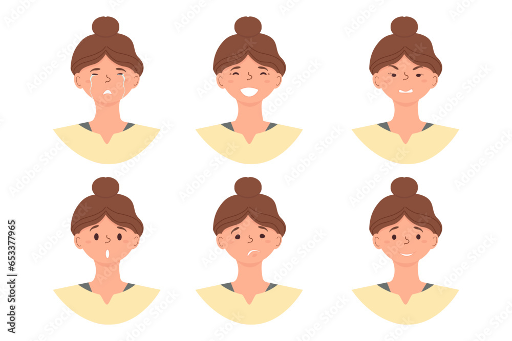 Cartoon. Icons of female emotions. Isolated girl with different facial expressions. Vector illustration of emotional faces for stickers, web, social network account Cartoon. Icons of female emotions. Isolated girl with different facial expressions. Vector illustration of emotional faces for stickers, web, social network account