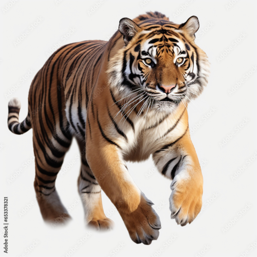 tiger on white, paper, tiger, jumping, running, action, transparent background, 