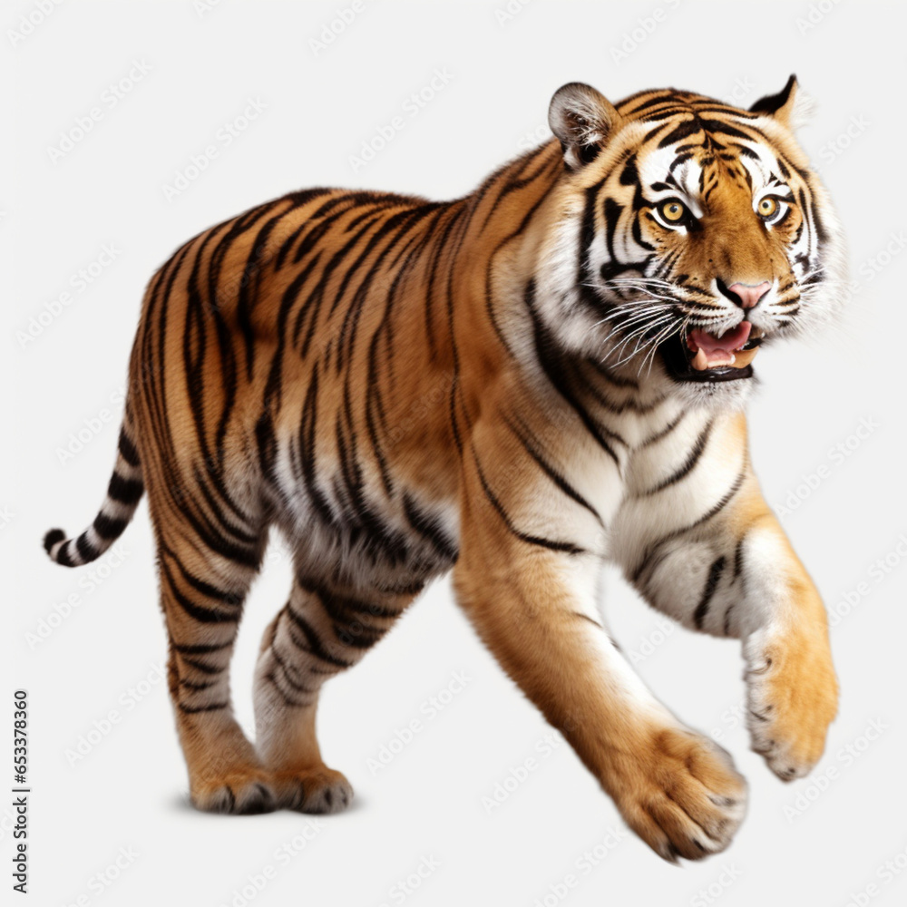 tiger isolated on white, paper, tiger, jumping, running, action, transparent background, 