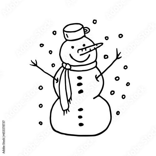 Cute hand-drawn sleeping snowman on a white background. Sweet and hygge illustration for posters, banners, prints, and kids' playroom decoration