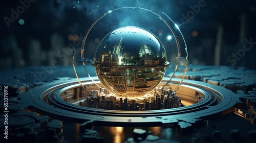Fototapeta Naklejka Na Ścianę i Meble -  city hologram inside a glass ball. Generative AI.