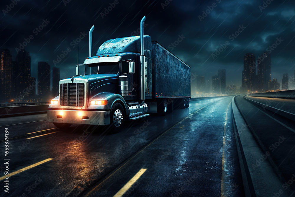 American style Truck driving on the asphalt road at night