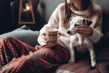 Cozy woman in knitted winter warm sweater with her dog and coffee during resting on couch at home in Christmas holidays