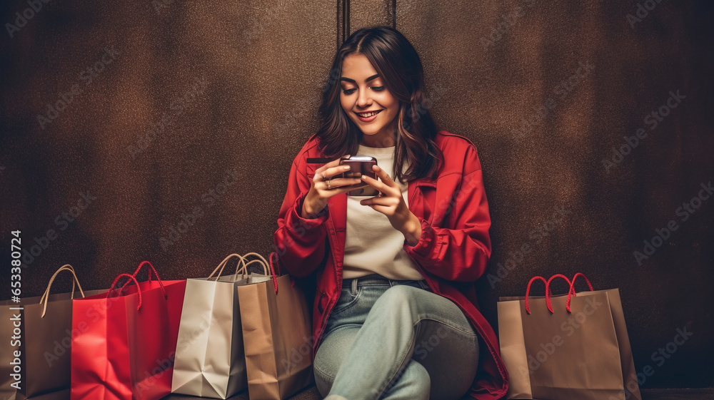 Naklejka premium woman sitting and holding shopping bags in a smartphone, she is doing online shopping.