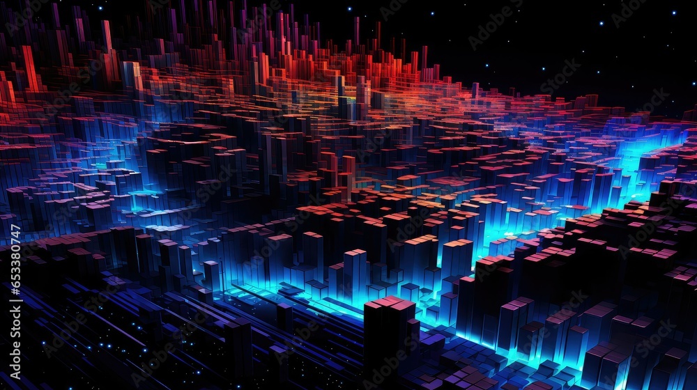 wave voxel data flow illustration science background, 3d digital, audio motion wave voxel data flow