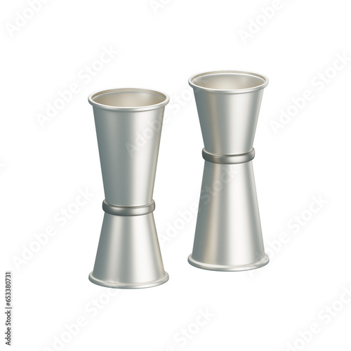 Double jigger dual spirit. Metallic jigger double side for coffee, cocktail maker. Jigger 3D illustration isolated