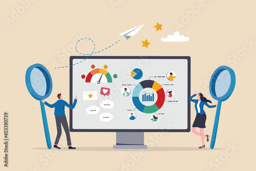 CRM customer relationship management software, marketing communication strategy, client analysis, social listening or interaction concept, business people working on CRM software with information.