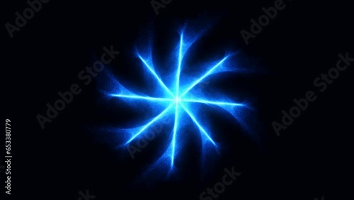 Neon animated intro of an energetic snowflake. A chaotic tangle of blue rotating neon particles. A snow hurricane. Clean energy. A cosmic star of spheres. Business, Technology, Medicine, Science. 4k photo