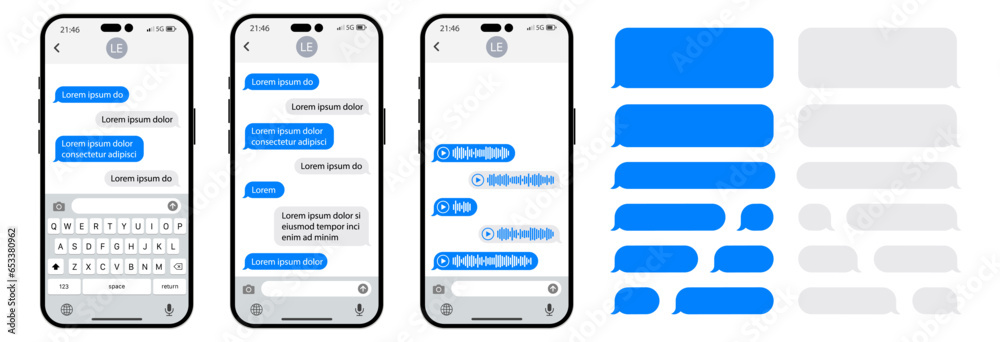 Smartphone chatting interface. Message bubbles. Sms template bubbles for compose dialogues. Phone chatting sms template bubbles. Vector illustration.