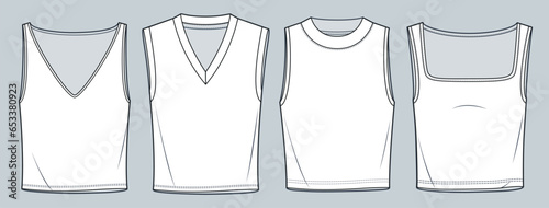 Sleeveless Tops technical fashion illustration. Tee Shirt fashion flat technical drawing template, square neck, v-neck, round neck, front and back view, white, women, men, unisex CAD mockup.