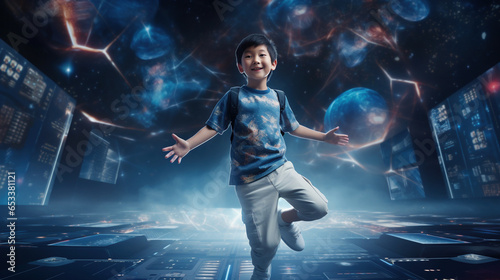Adventurous 7-year-old Chinese boy explores high-tech studio with holographic window and VR. © swissa