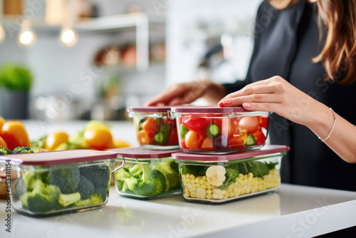 Woman putting cut fruit and vegetable into glass containers  closeup
