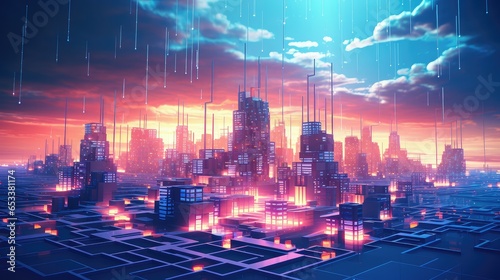 design voxel city landscape illustration 3d render  modern futuristic  view perspective design voxel city landscape