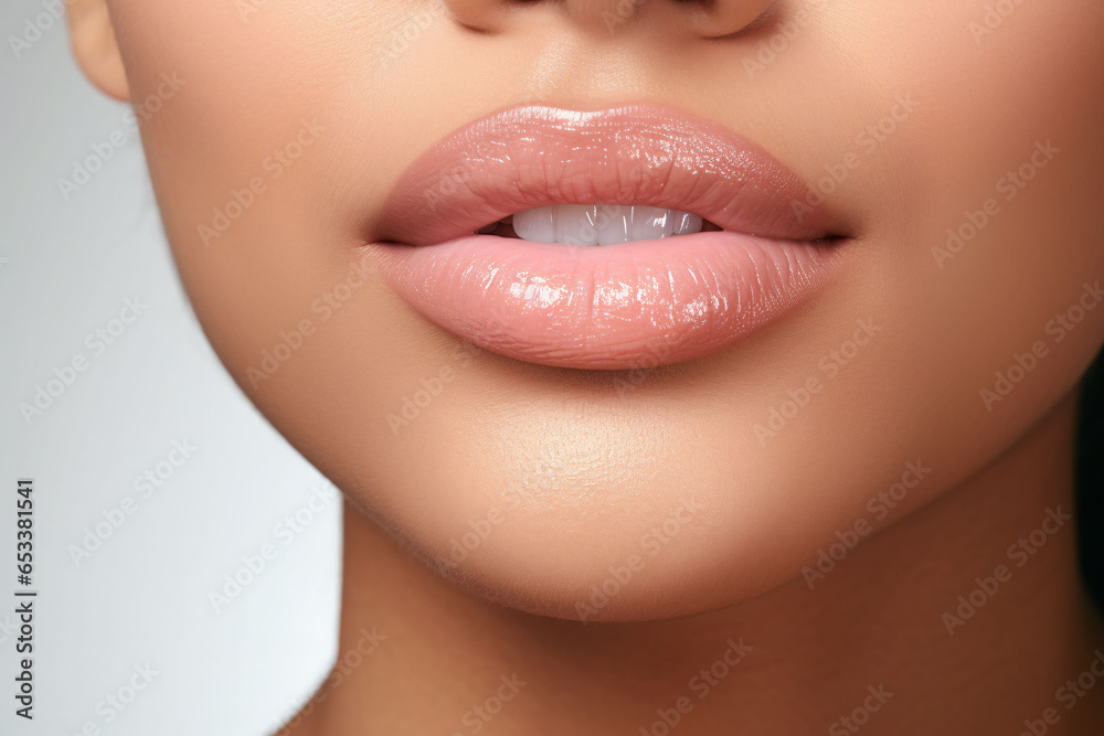 Fototapeta premium Perfect young female lips with natural makeup, parted glossy lips. Close up macro photo with beautiful female mouth on a wight background. Plump full lips. Close-up face detail. Perfect clean skin.