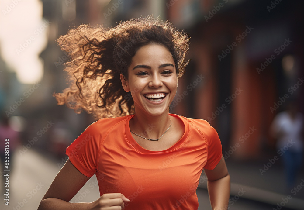 Smiling woman in orange shirt runs through city with energy and confidence. - obrazy, fototapety, plakaty 