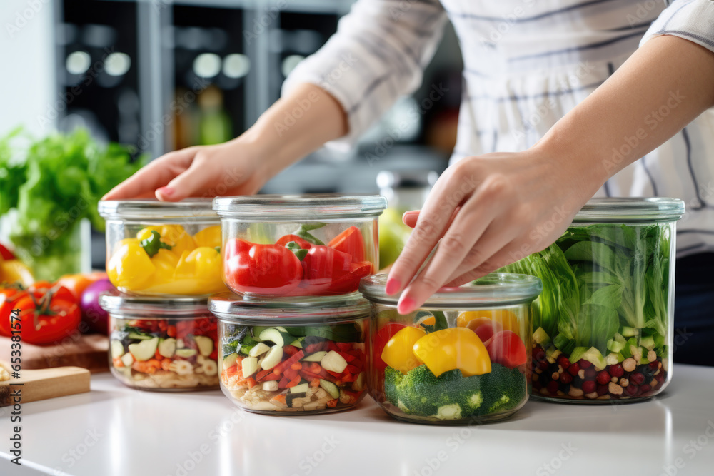 Woman putting cut fruit and vegetable into glass containers, closeup