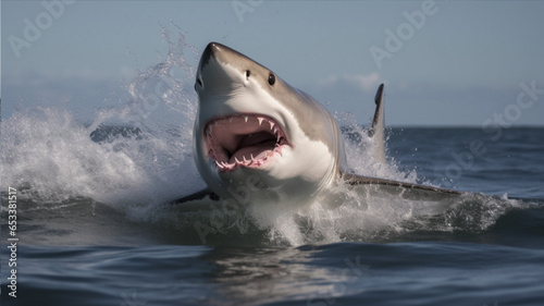 front view of a bull shark with its mouth widely open leaping out of the ocean surface 