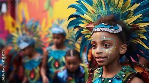 Child at Carnival with feather costumes and artistic makeup. Blue, yellow and green colors